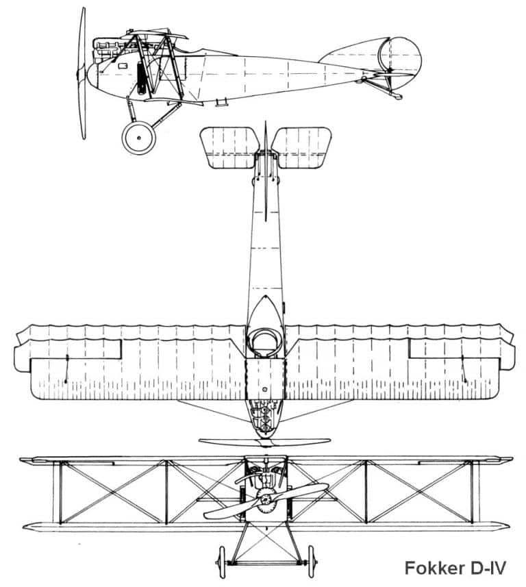 Общий вид, сечения крыльев и фюзеляжа истребителя Фоккер D IV (M.21). Чертеж соответствует последним серийным самолетам с мотором Mercedes D III